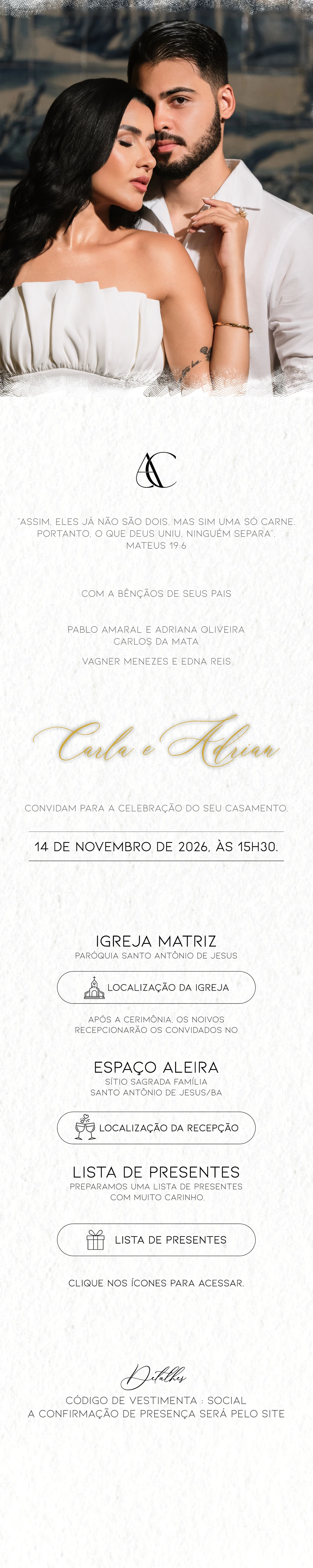 Convite de casamento de Carla e Adrian, em 14 de novembro de 2026, às 15h30, na Igreja Matriz da Paróquia Santo Antônio de Jesus, com recepção no Espaço Aleira.